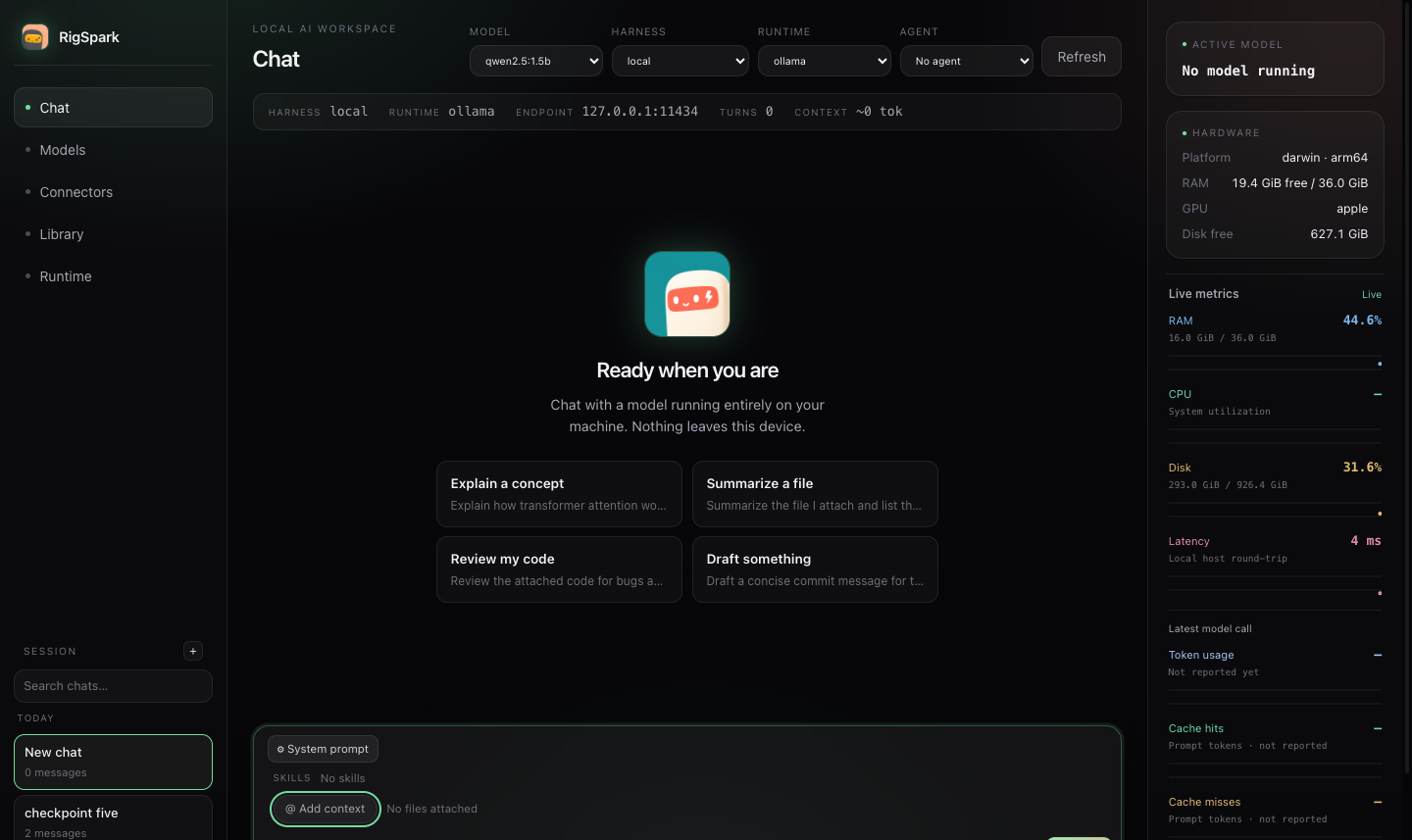 RigSpark local browser workspace ready to chat with a selected model
